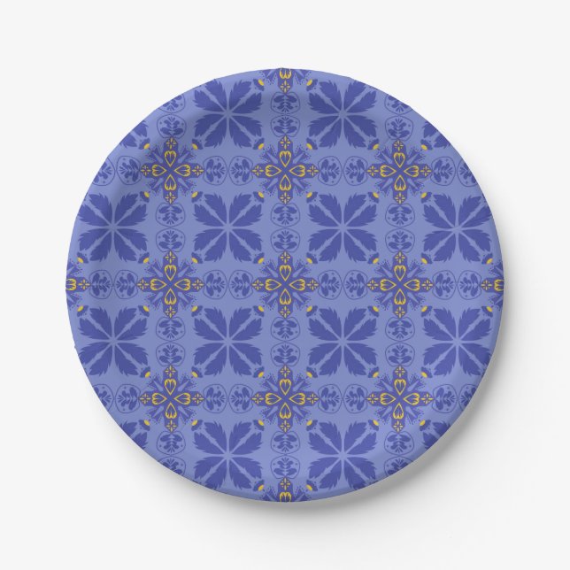 Plato De Papel blue geometric and floral pattern (Anverso)