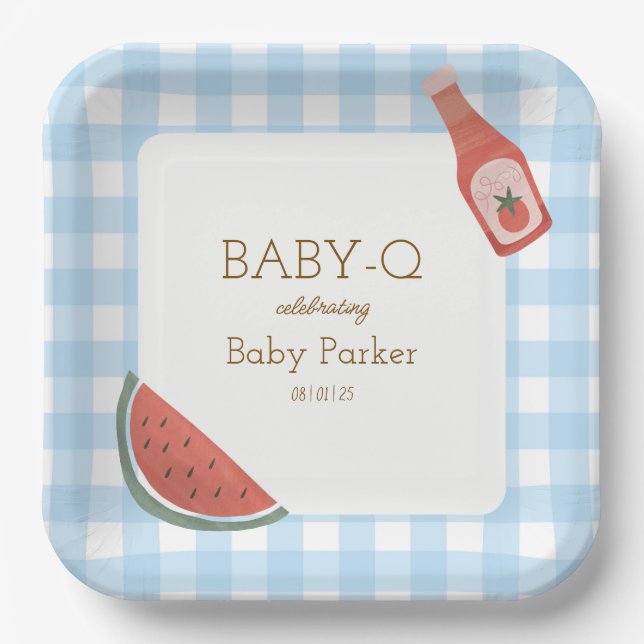 Plato De Papel Blue Gingham Baby-Q Square Plate (Anverso)