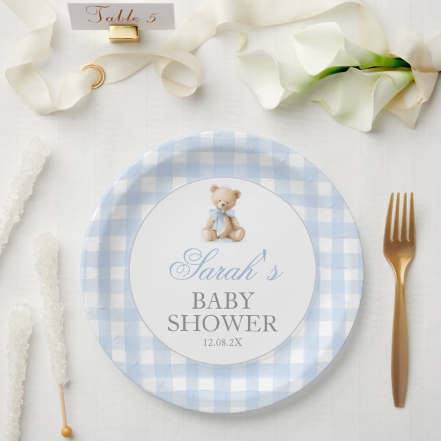 Plato De Papel Blue Gingham Bear Baby Shower (Boda)