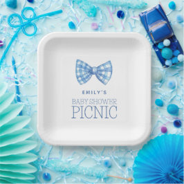 Plato De Papel Blue Gingham Bow Nombre Tie Baby Shower Picnic