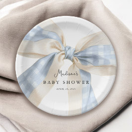 Plato De Papel Blue Gingham Checks Bow Baby Shower
