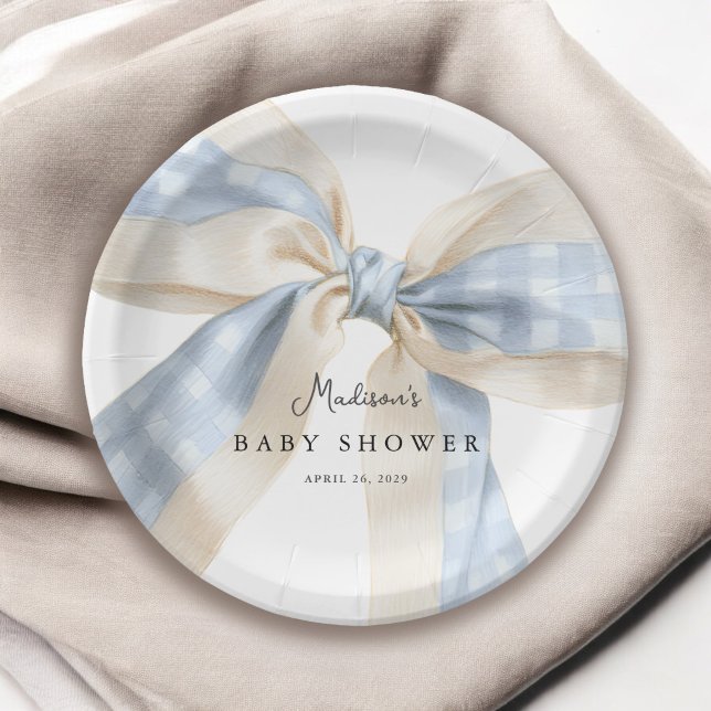 Plato De Papel Blue Gingham Checks Bow Baby Shower (Subido por el creador)