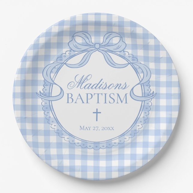 Plato De Papel Blue Gingham Coquette Bow Baptism (Anverso)
