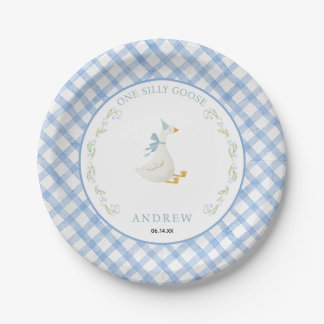 Plato De Papel Blue Gingham Floral One Silly Goose 1st Birthday