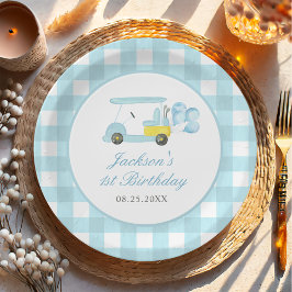 Plato De Papel Blue Gingham Golf Boy 1er cumpleaños