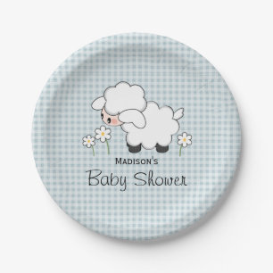 Plato De Papel Blue Gingham Lamb Baby Boy Shower