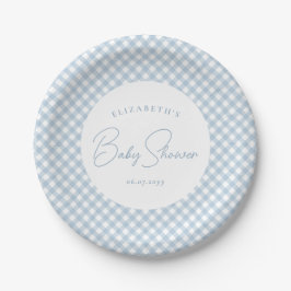 Plato De Papel Blue gingham linda ducha de bebé personalizada
