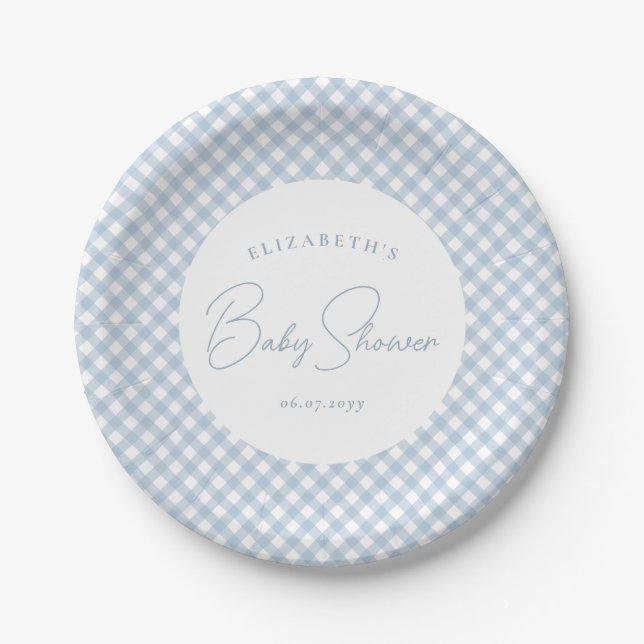 Plato De Papel Blue gingham linda ducha de bebé personalizada (Anverso)