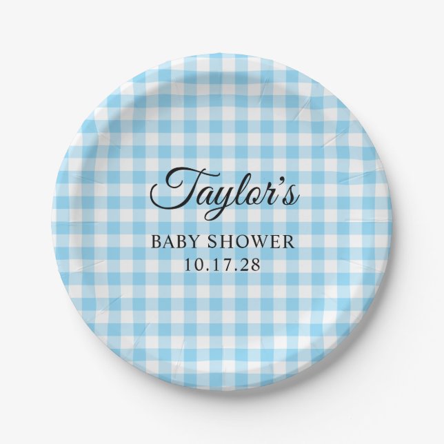 Plato De Papel Blue Gingham Plaid Baby Shower (Anverso)