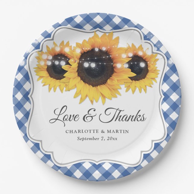 Plato De Papel Blue Gingham Sunflower Love and Gracias Boda (Anverso)