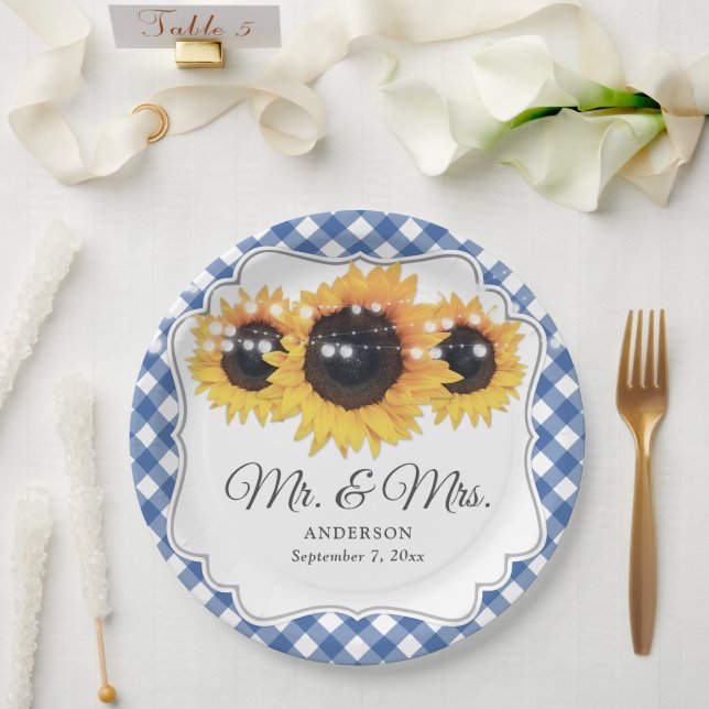 Plato De Papel Blue Gingham Sunflower Sr. y Sra. Boda (Boda)