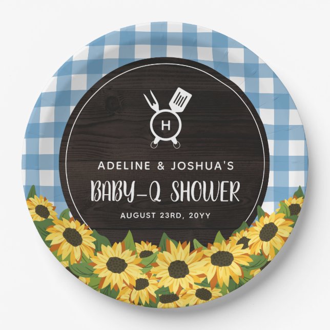 Plato De Papel Blue Gingham & Sunflowers Rustic Baby-Q Shower (Anverso)