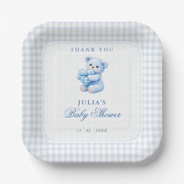 Plato De Papel Blue Gingham Teddy Bear Neutral Baby Shower (Anverso)