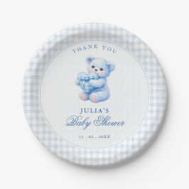 Plato De Papel Blue Gingham Teddy Bear Neutral Baby Shower