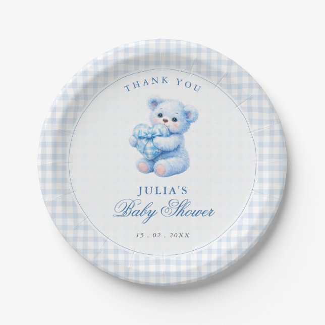 Plato De Papel Blue Gingham Teddy Bear Neutral Baby Shower (Anverso)