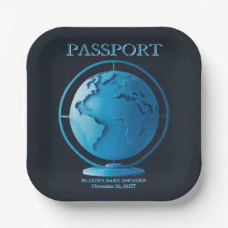 Plato De Papel Blue Globe Passport Travel Baby Shower