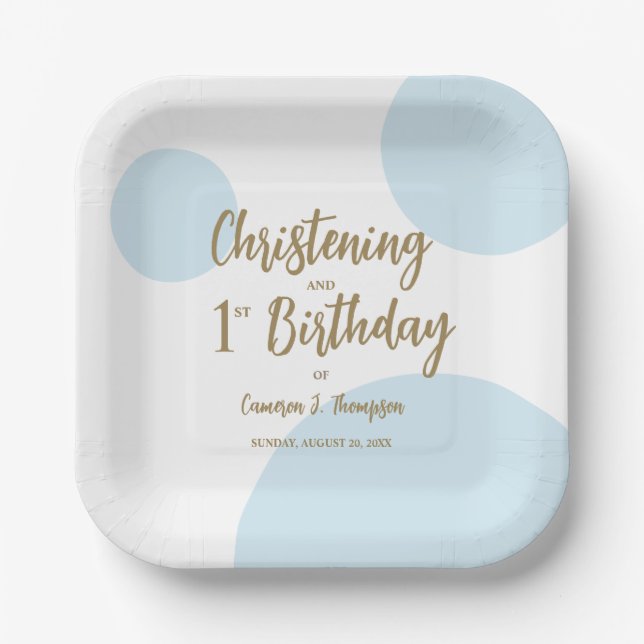 Plato De Papel Blue Gold Christening Y Personalizado de primer cu (Anverso)