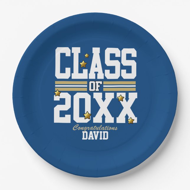 Plato De Papel Blue|Gold Graduating Class Year (Anverso)