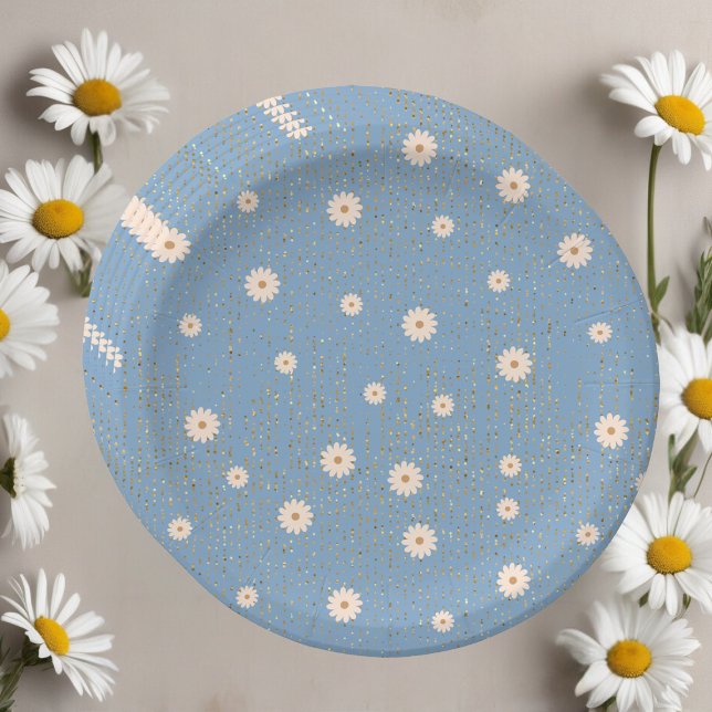 Plato De Papel Blue Golden Daisy Purpurina Glow Baby Shower (Subido por el creador)