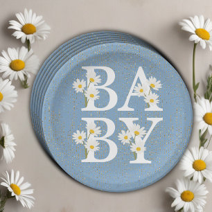 Plato De Papel Blue Golden Daisy Purpurina Glow Baby Shower