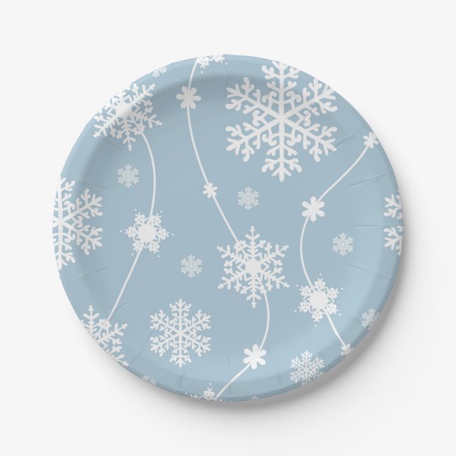 Plato De Papel Blue Gray Snowflakes Winter Wonderland Holiday (Anverso)