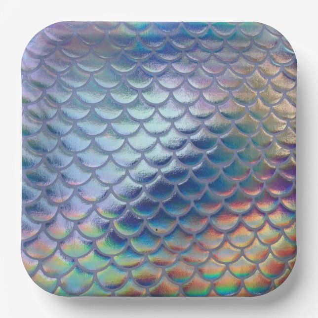 Plato De Papel Blue Green Mermaid Fish Scales Holographic Trendy (Anverso)
