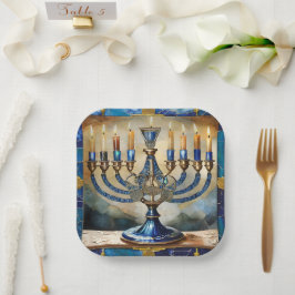 Plato De Papel Blue Hanukkah Menorah