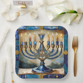 Plato De Papel Blue Hanukkah Menorah