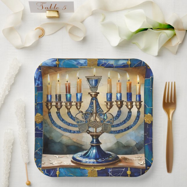 Plato De Papel Blue Hanukkah Menorah (Boda)