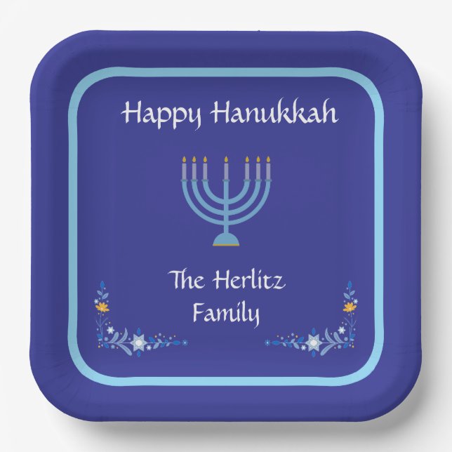 Plato De Papel Blue HANUKKAH Menorah Customize NAME (Anverso)