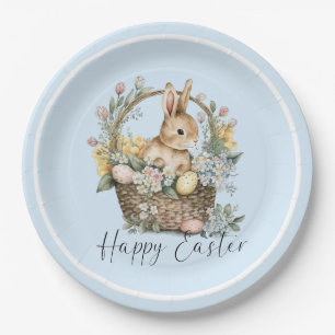 Plato De Papel Blue Happy Easter Bunny