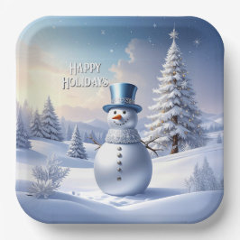 Plato De Papel Blue Hat Snowman Christmas Tree Holiday