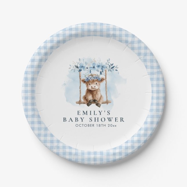 Plato De Papel Blue Highland Cow Boy Baby Shower (Anverso)