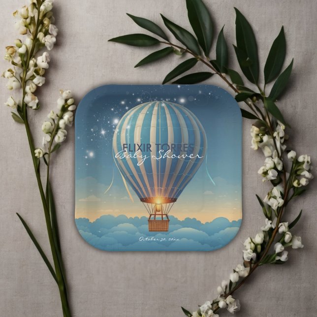 Plato De Papel Blue Hot Air Balloon Adventure espera Baby Shower (Subido por el creador)
