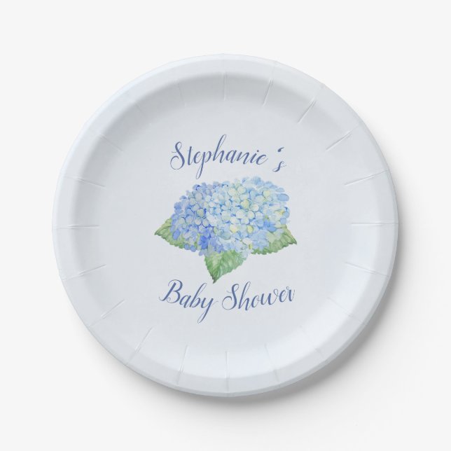 Plato De Papel Blue Hydrangea Baby Shower Personalizado (Anverso)