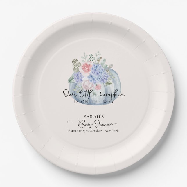 Plato De Papel Blue Hydrangea Flower Pumpkin Fall Baby Shower (Anverso)