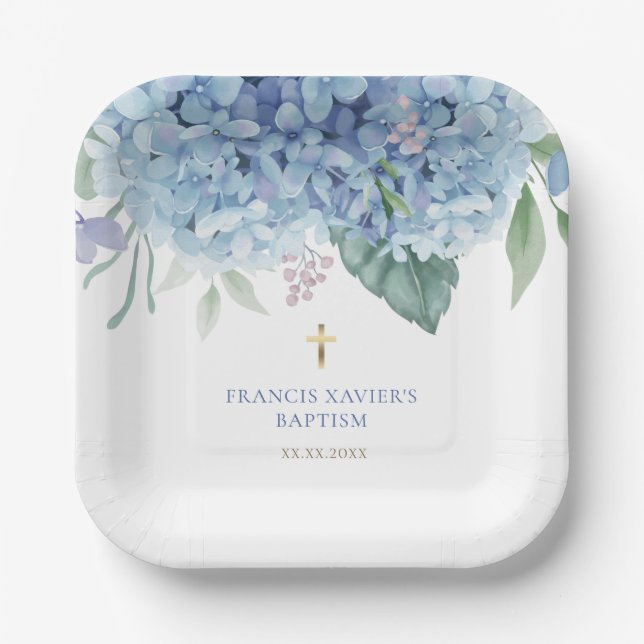 Plato De Papel blue Hydrangea flowers Baptism (Anverso)