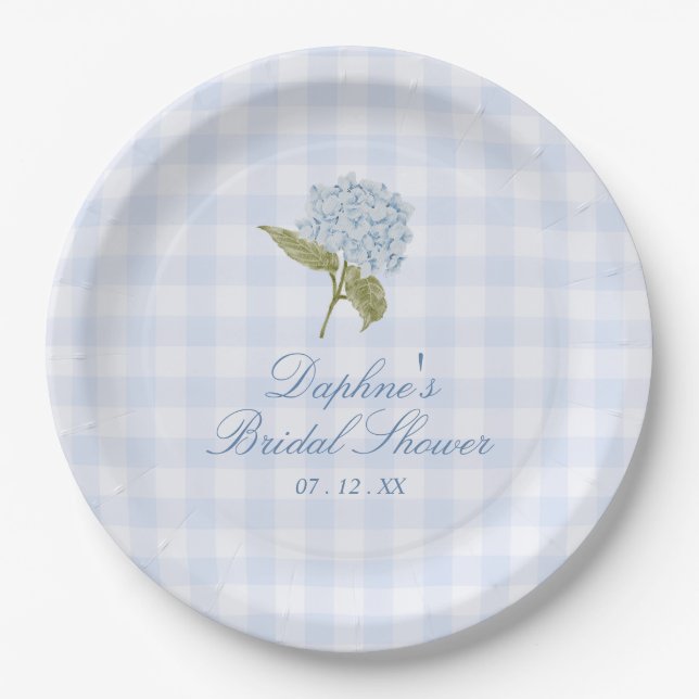 Plato De Papel Blue Hydrangea Gingham Bridal Shower (Anverso)