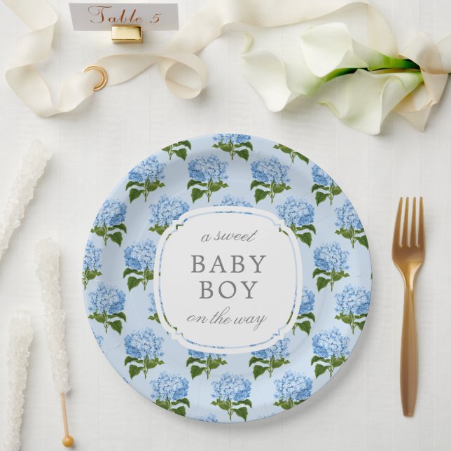 Plato De Papel Blue Hydrangea Pattern Sweet Baby Boy (Boda)