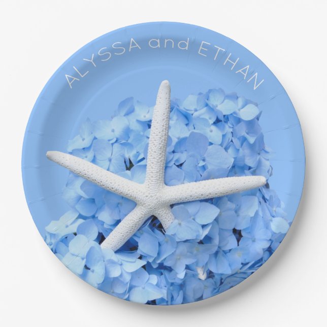 Plato De Papel Blue Hydrangea Starfish Shower (Anverso)