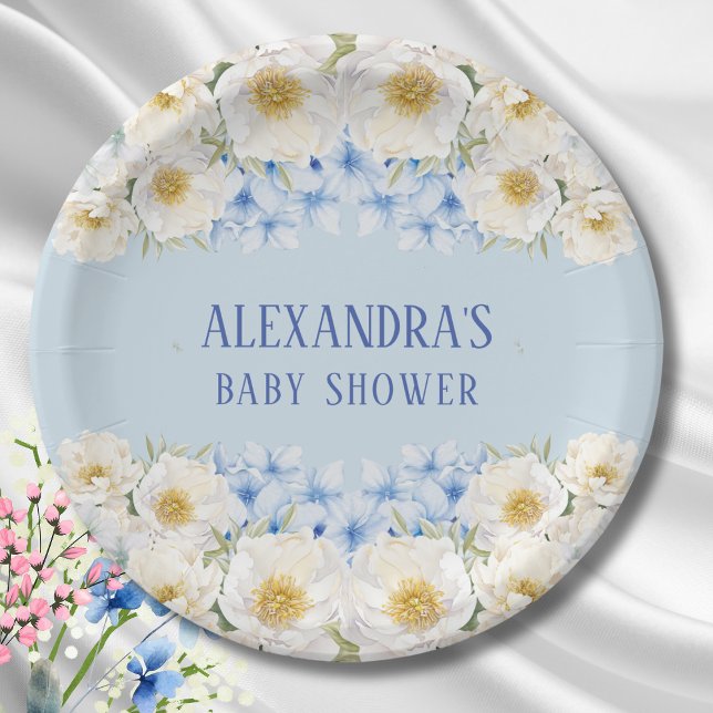Plato De Papel Blue Hydrangea White Floral Garden Baby Shower (Subido por el creador)