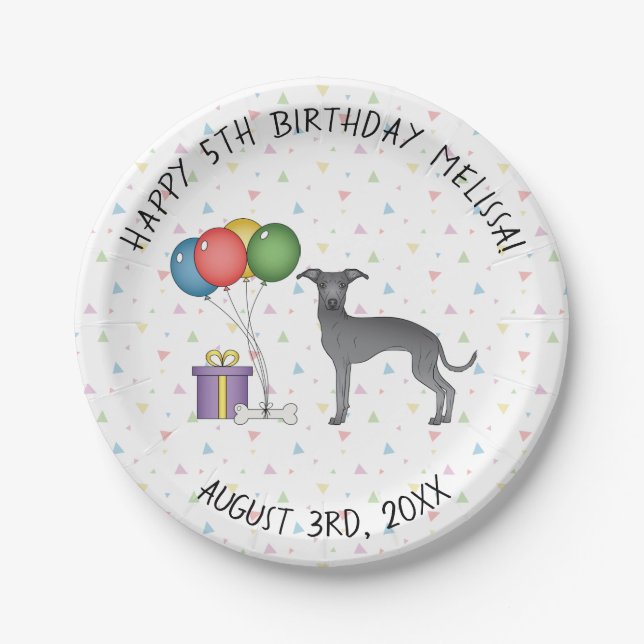 Plato De Papel Blue Italian Greyhound Cute Cartog Perro Cumpleaño (Anverso)