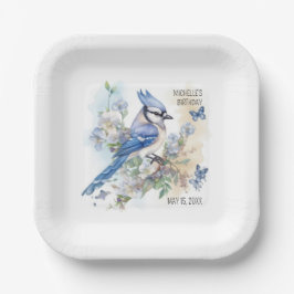 Plato De Papel Blue Jay Bird Flowers Springtime Birday Name