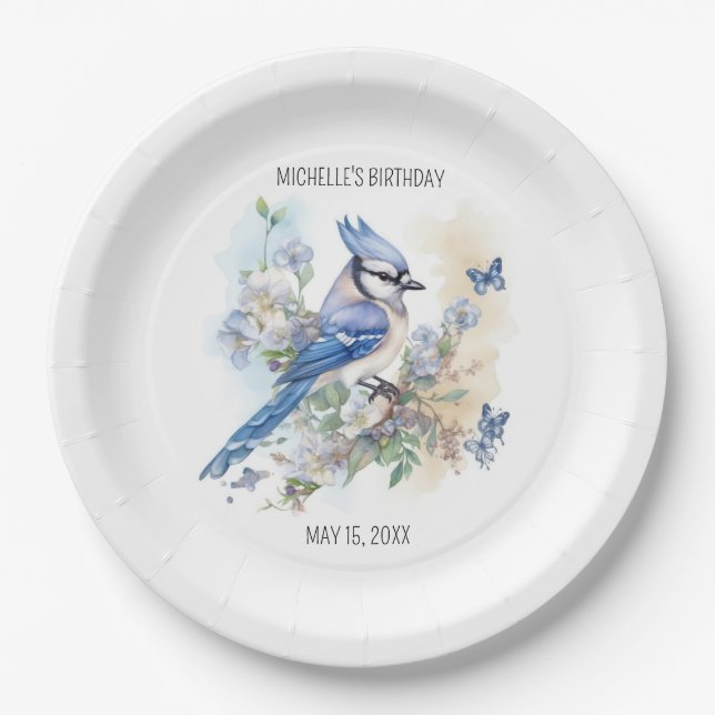 Plato De Papel Blue Jay Bird Flowers Springtime Birday Name (Anverso)