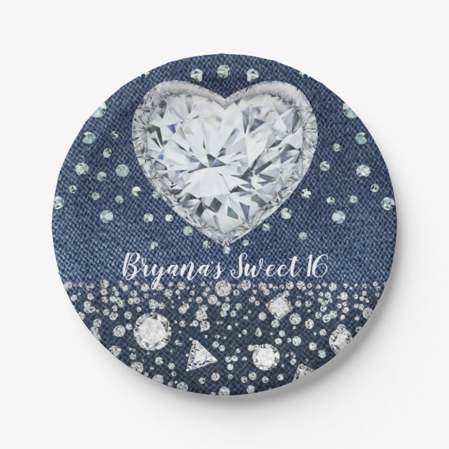 Plato De Papel Blue Jean Denim & Diamonds Bling Diamond Heart (Anverso)