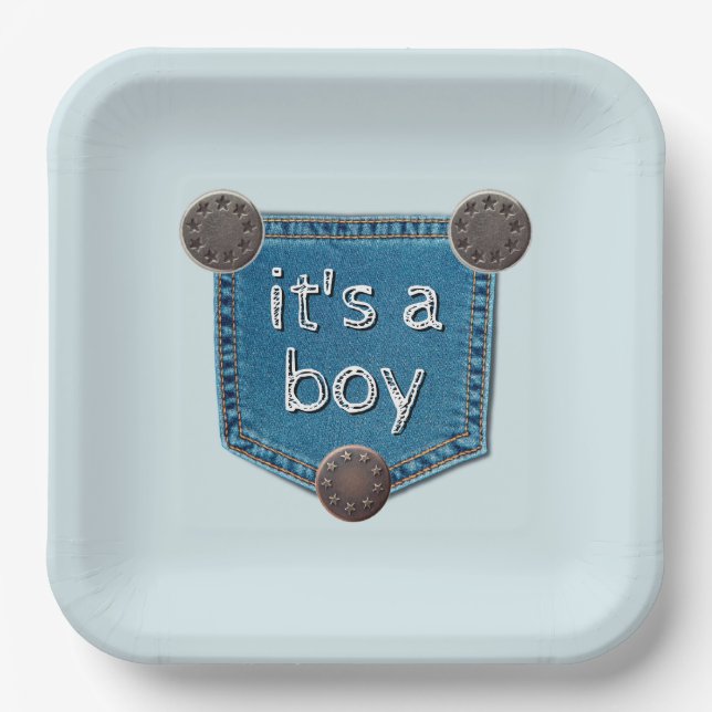 Plato De Papel Blue Jean Denim It's a Boy Baby Shower (Anverso)
