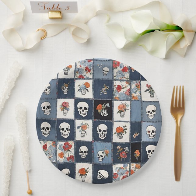 Plato De Papel Blue Jean Denim Patchwork Skulls Y Florines (Boda)