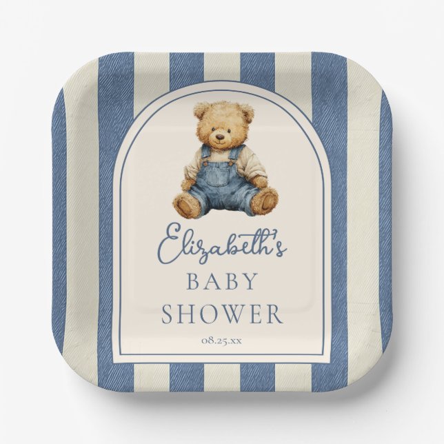 Plato De Papel Blue Jean Denim Teddy Bear Baby Shower (Anverso)