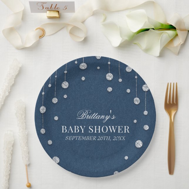 Plato De Papel Blue Jean Denim y Diamond Baby Shower (Boda)