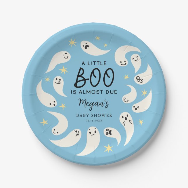Plato De Papel Blue Little Boo October Baby Shower (Anverso)
